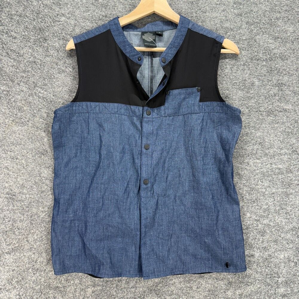 Harley Davidson Shirt Women M Medium Blue Button Up Crew Neck Sleeveless Denim